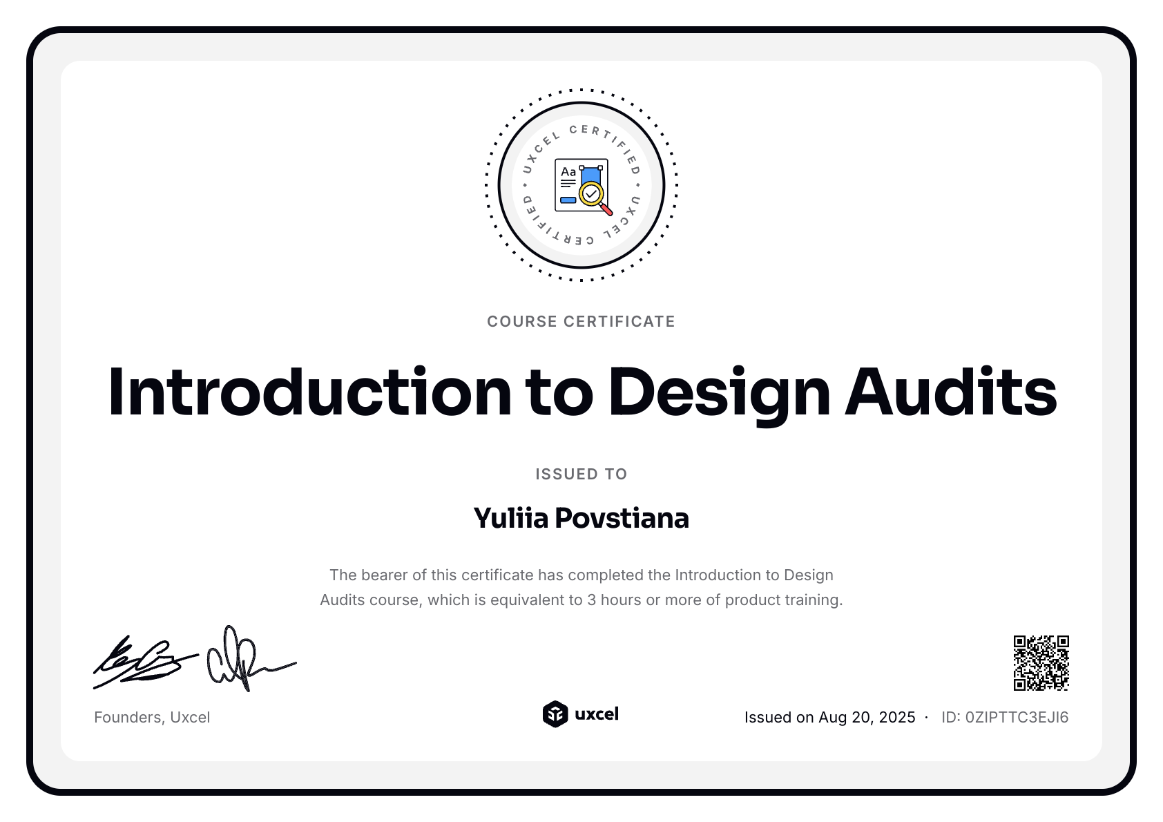 Yuliia Povstiana's certificate